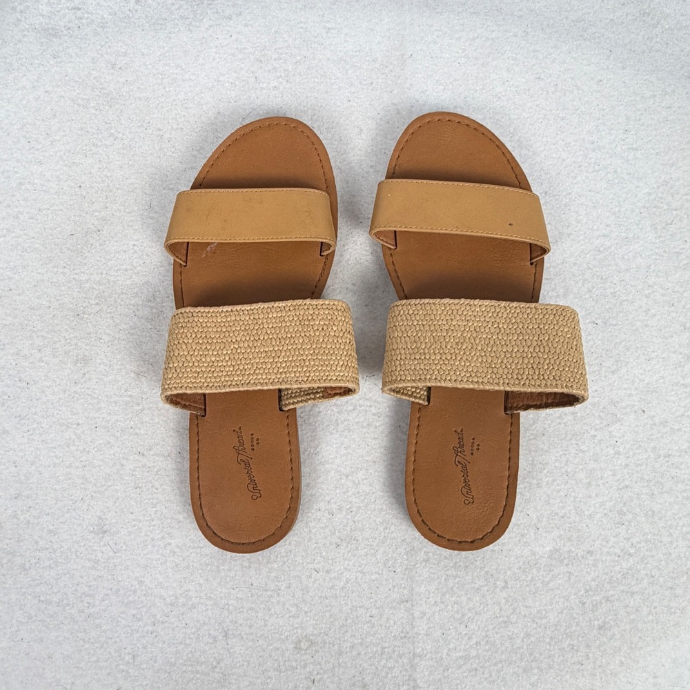 Universal Thread Slide Sandals Womens 6.5 Woven Faux Leather Tan Knit Summer